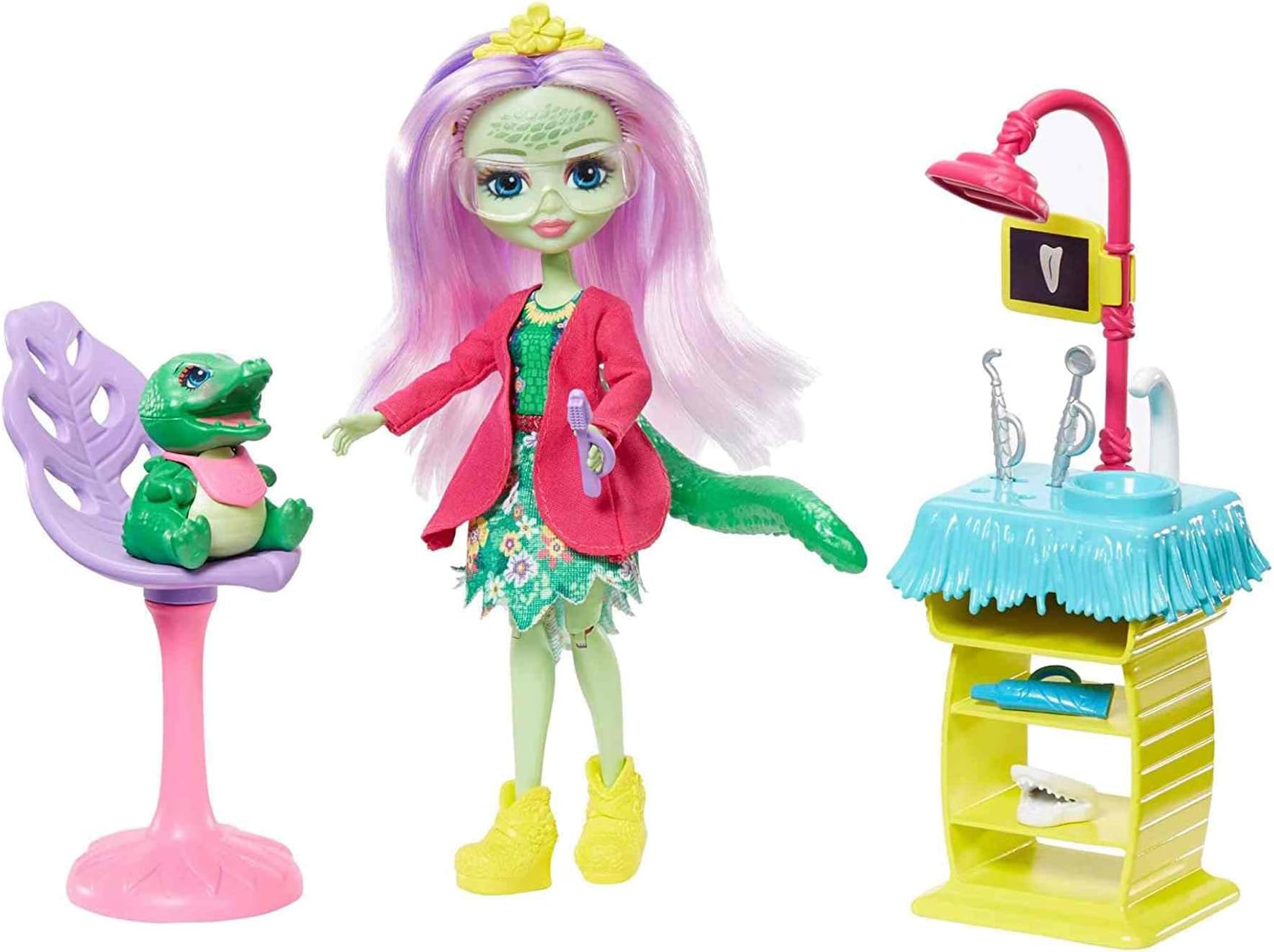 Mattel Enchantimals Smilin’ Dentist Playset with Andie Alligator Doll (6-in), Animal Figure, and Accessories, with Dental Sink Station, Chair, Tools, and More, Great Gift for 3 – 8 Year Olds