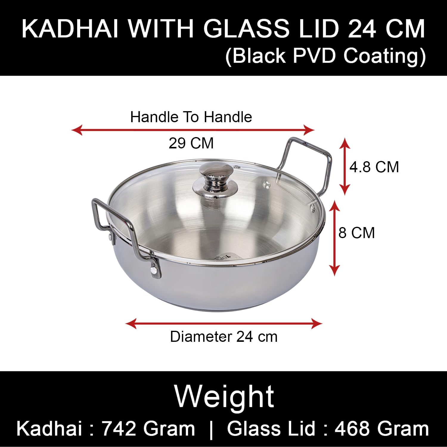 TOPSYTURVY Stainless Steel Black PVD Kadhai with Glass Lid 24 CM | Induction & Gas Compatible | Heavy Bottom Cookware for Healthy Cooking 3 Liter Capacity 1