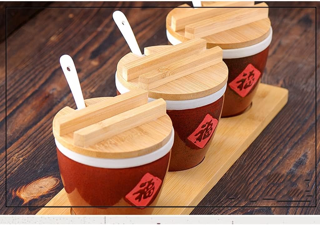 Ceramic Condiment Jar with Chinese Retro Word Fu Small Sauce Pot Seasoning Pot Kitchen Chilli Seasoning Pot Salt Pot with Lid e