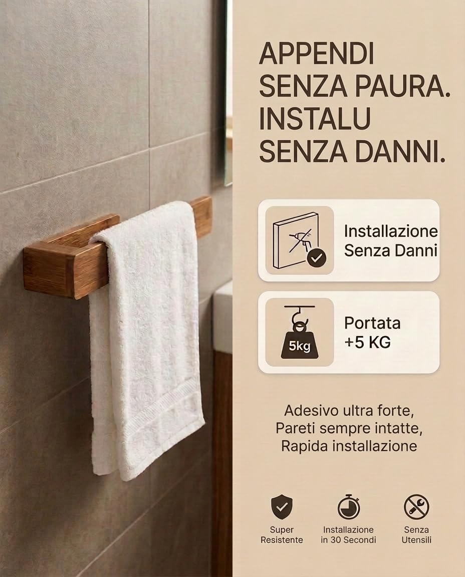 Porta Asciugamani Bagno Bambù Naturale 30cm Adesivo Extra Forte Resistente all'Umidità