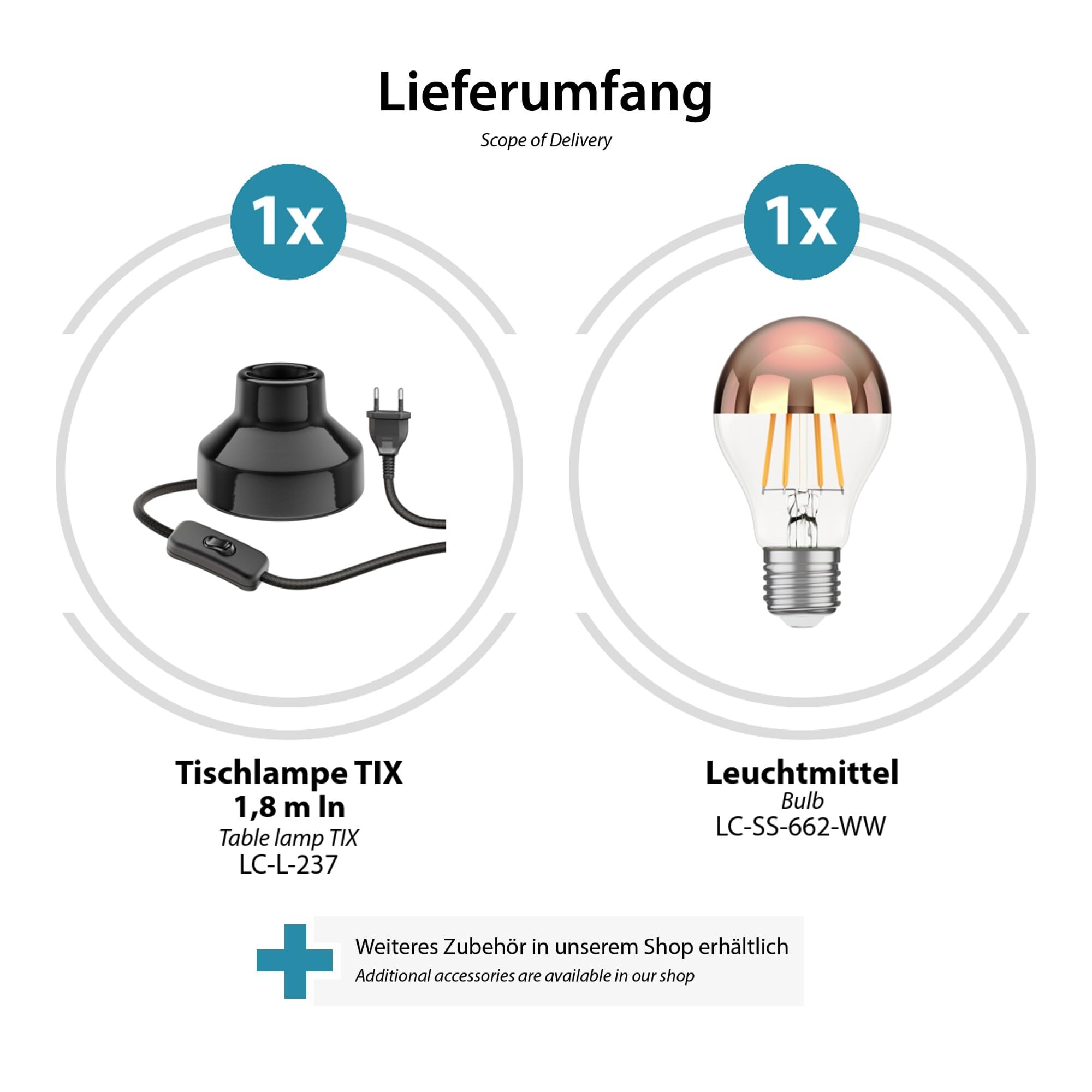 ledscom.de 2x Porzellan Tischlampe TIX, rund, Stecker, Schalter, schwarz + LED Lampe, 839lm, warmweiß