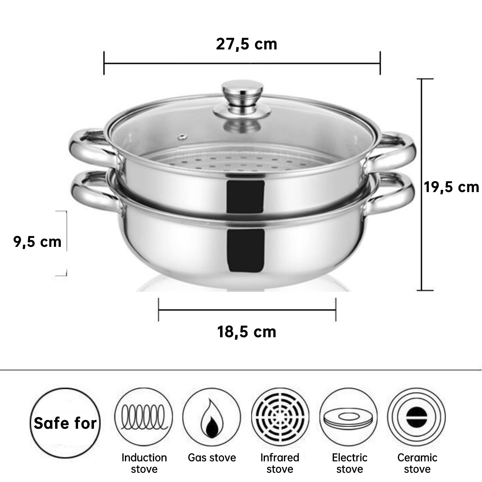 Ensemble de Marmites à Vapeur en Acier Inoxydable à 2 Couches, Cuiseur Vapeur pour la Cuisson, Casserole de Tous les Jours, Ensemble de Casseroles à Vapeur, avec Couvercle en Verre, Casserole à Induct