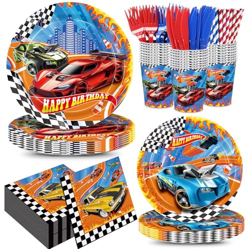 XIENBLOC 168pcs Race Car Party Supplies Racing Car Plates Napkins Birthday Party Decorations Disposable Paper Cups and Straws Tableware Set for Kids Boys Birthday Decor 24 Guests