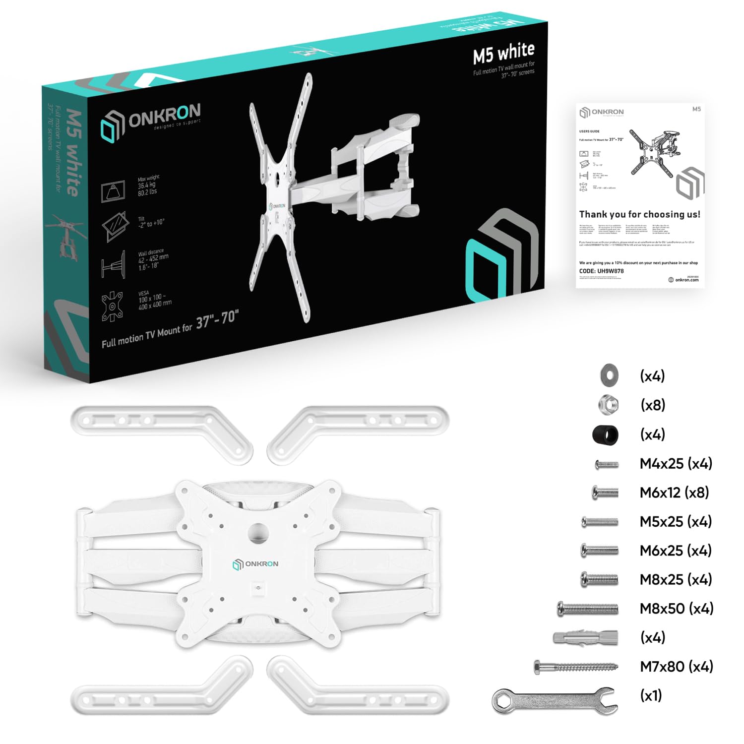 ONKRON Support Mural TV Blanc pour 37" - 70" TV, Bras Articulé TV Mural Poids de 36,4 kg - Accroche Murale TV VESA 100x100-400x400/Support Television Mural Pivotant Inclinable Orientable M5-W Blanc