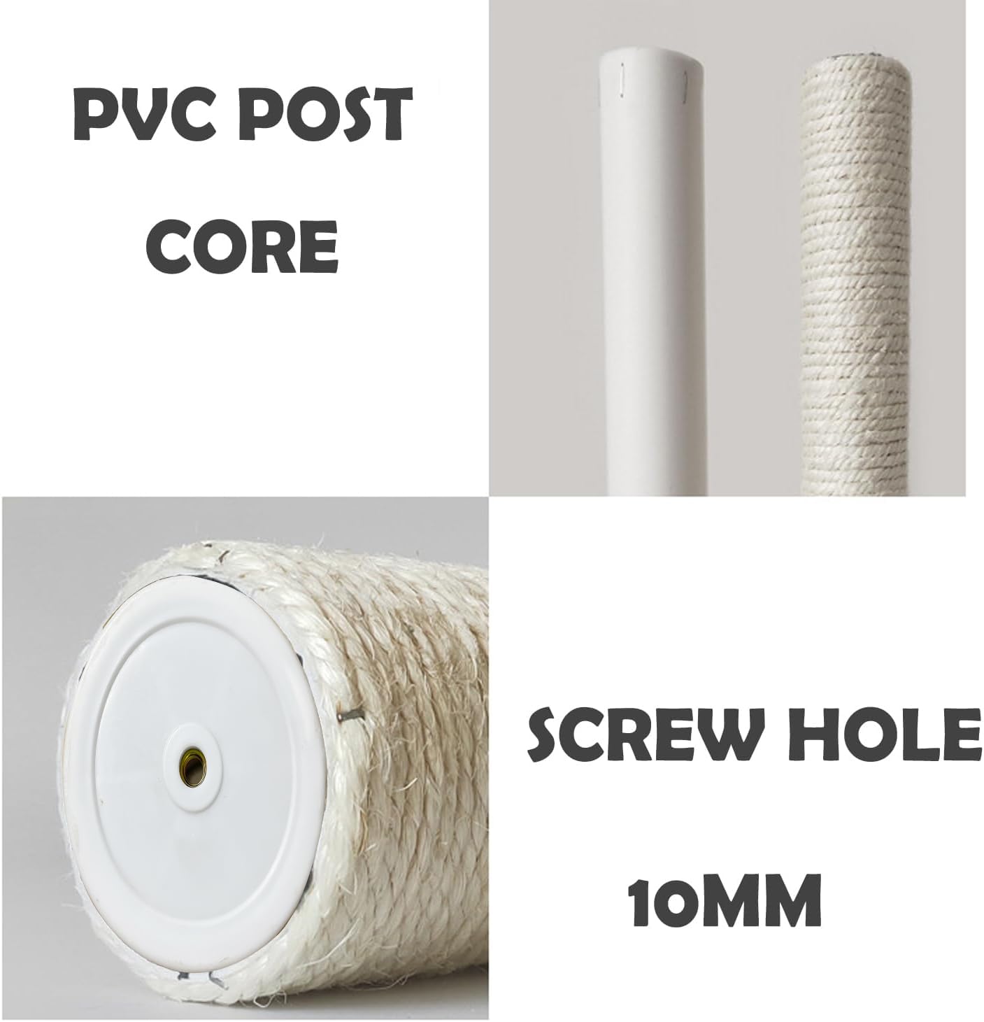 2 postes de repuesto para árbol de gato M10, perno de sisal de 10 mm, poste rascador para gatos, poste de repuesto para bricolaje, pernos M10, tubos de PVC resistentes, tornillos incluidos (3.35 x