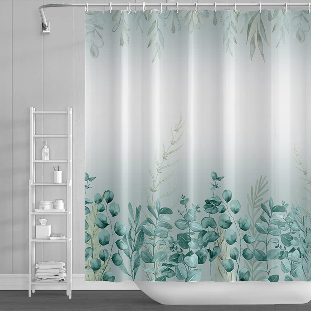 18meng Art Shower Curtain Green Leaf Mould Proof Weighted Polyester Fabric Bathroom Curtains 150x180cm Waterproof Resistant Wet Room Washable Bathtub Curtain with 12 Hooks