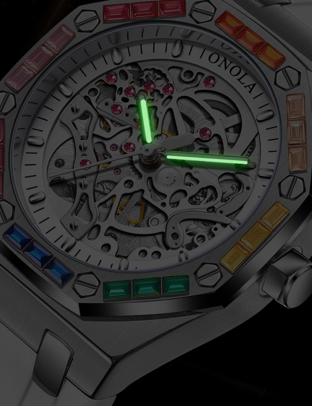 Reloj de pulsera para hombre, diseño de arco iris, con bisel de diamante, esqueleto hueco, automático, correa de silicona, impermeable, luminoso