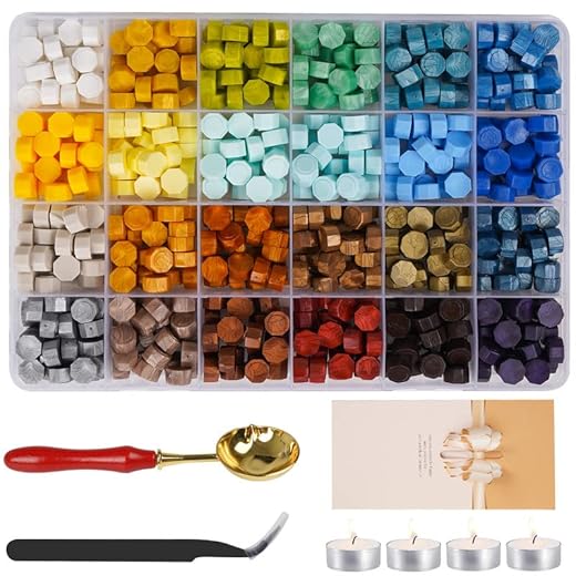 24 colores Sello Lacre Kit, 600+pcs Cera Lacre Cuentas de Cera de Sellado con Caja de almacenamiento, 4 Velas de Té y 1 Cuchara y 1 Pinzas, para Invitaciones de Boda, Sellar y Decorar Cartas-F