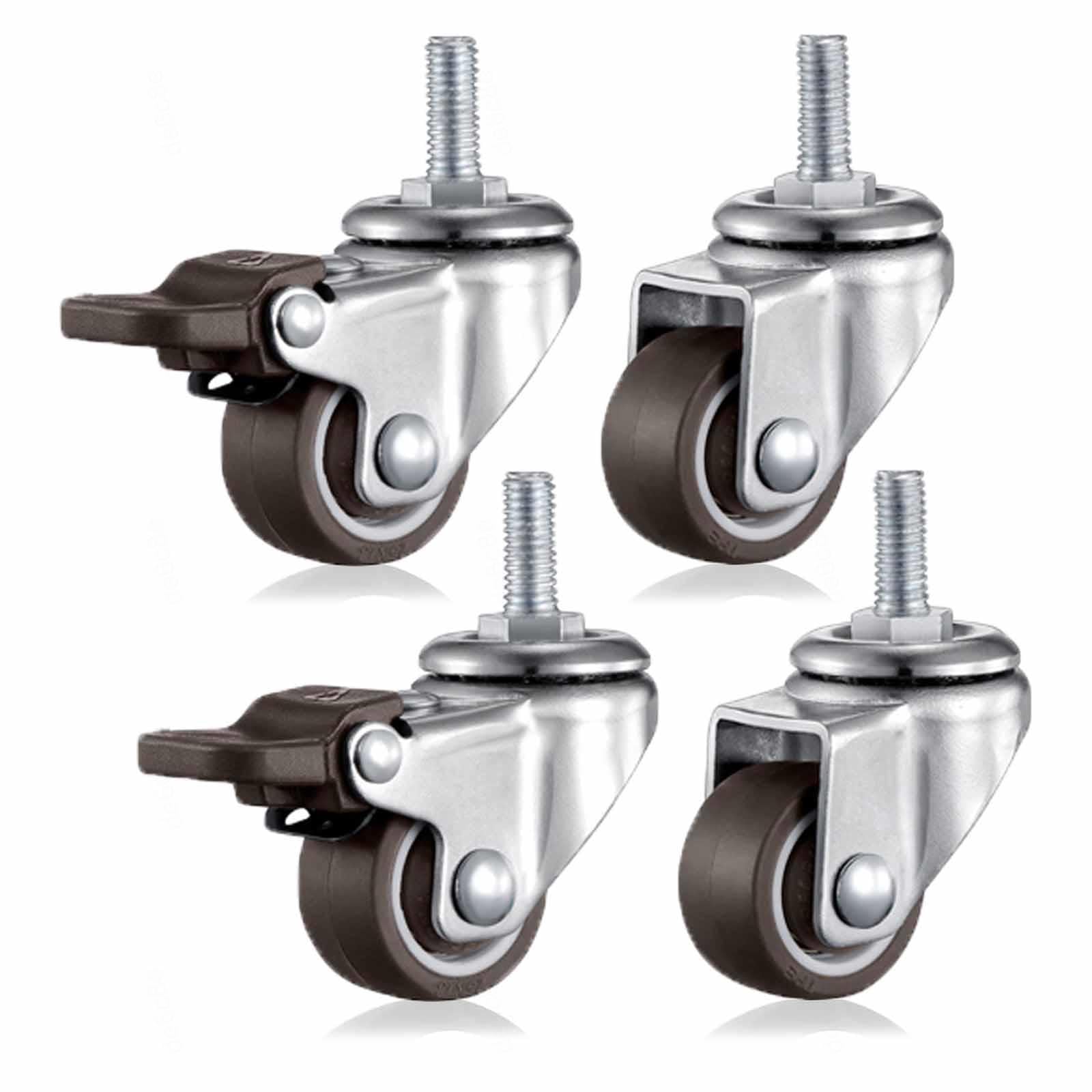 Small Furniture Castors,Set Of 4 25mm M6 Swivel Castors For Furniture,Silent Rubber Trolley Wheels With Brakes,Armchair Caster,Threaded Transport Wheels,Silver-2Nobrakes+2Brakes