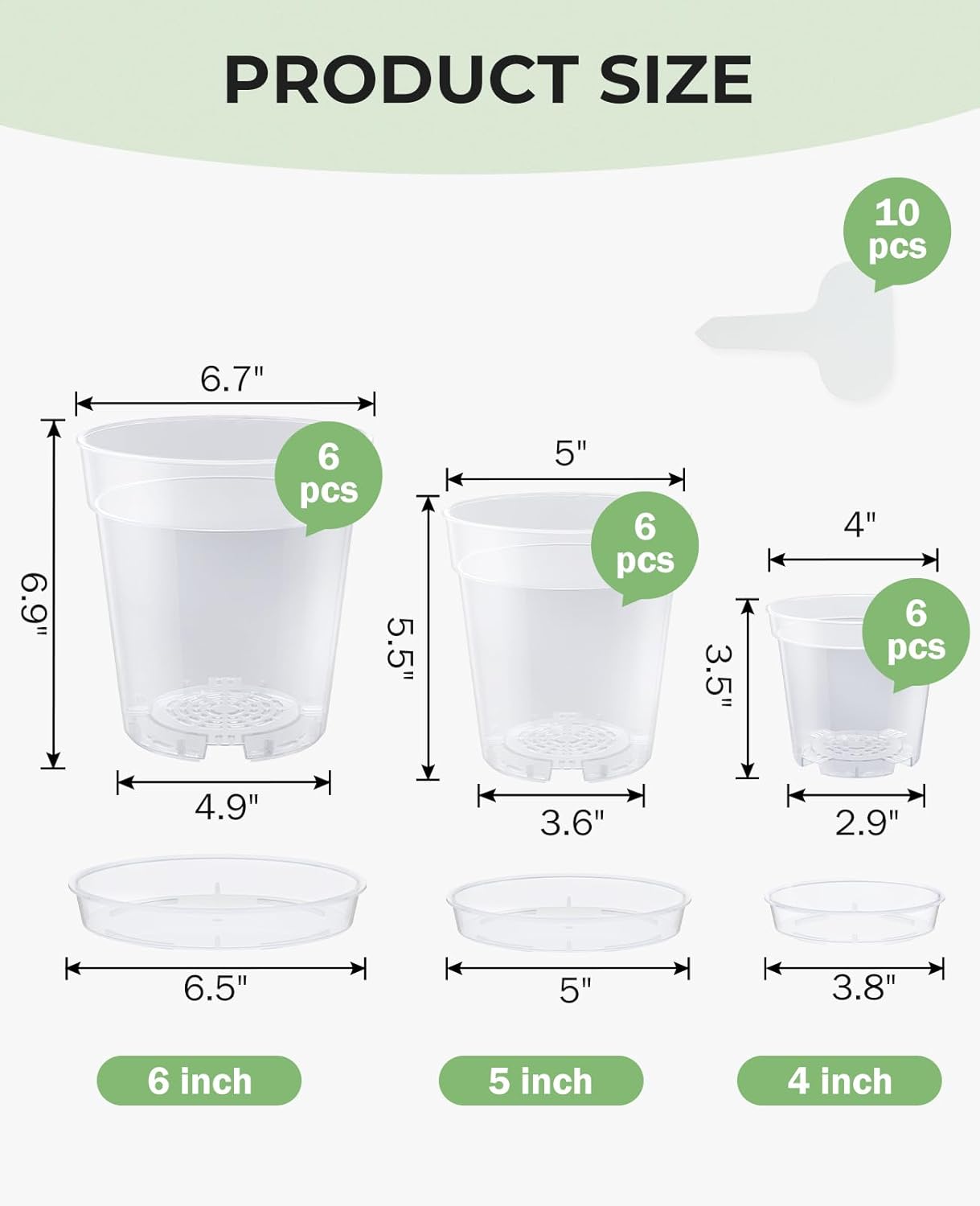homenote 4/5/6.7 Inch Clear Nursery Pots 18 Pack with Drainage and Plant Saucers, Variety Pack Rigid High-Transparency Plastic Nursery Pots for Plants, Planter Nursery Pots with Drainage Holes
