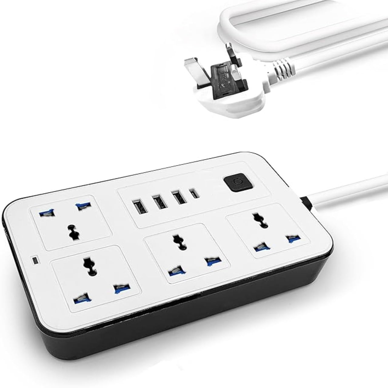 8-in-1 Power Strip with Fast Charging | 4 AC Sockets, 3 USB Ports, Type-C Port | 2500W Rated Power, 10A Heavy Duty Extension Cord | Surge Protection for Home, Office, Hotels, PC (White)-image-43