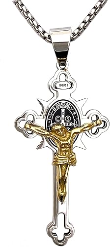 Tapp Collections Collar con colgantes de cruz de crucifijo de San Benito de acero inoxidable INRI