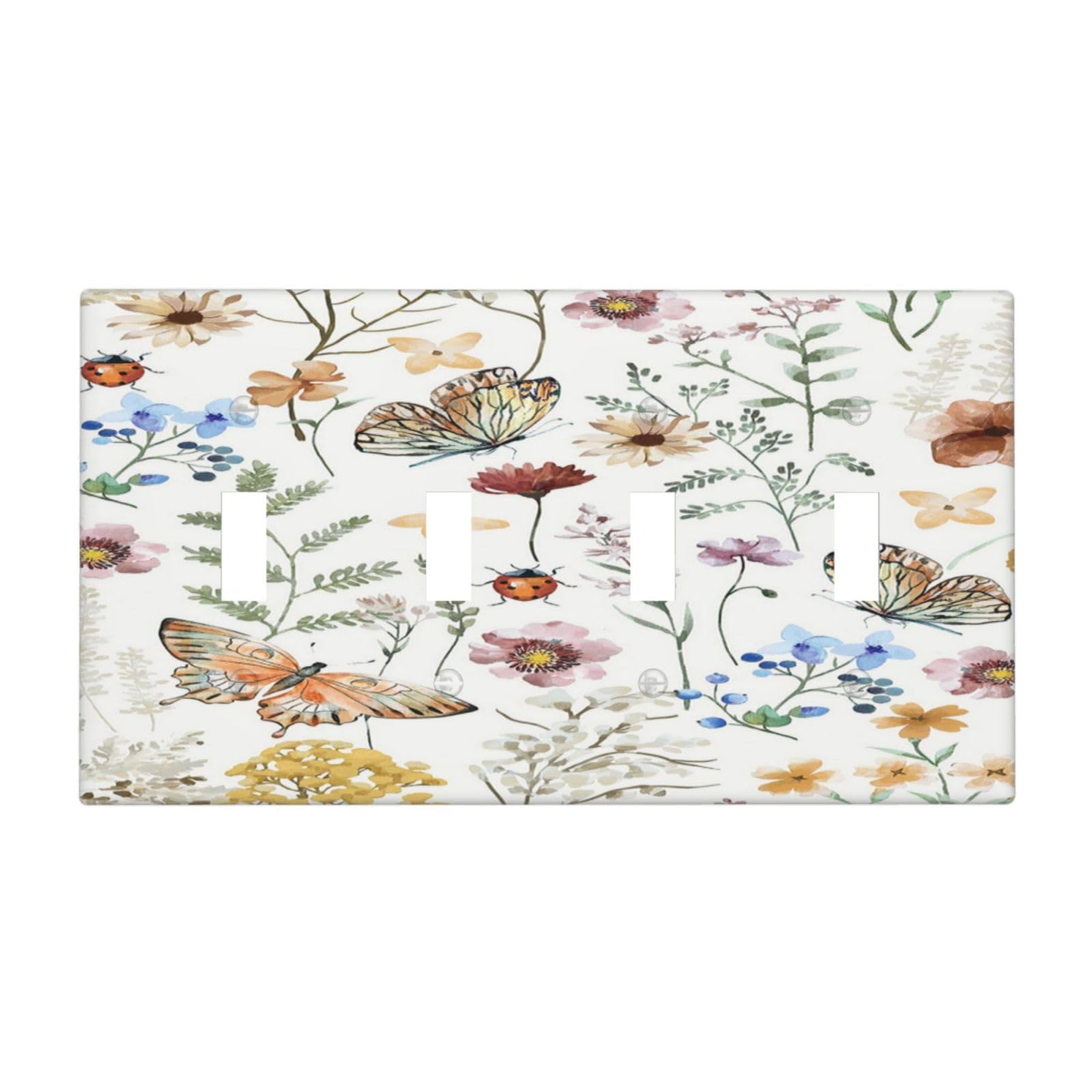 LOLREAI Decorative Light Switch Cover Plate Wildflower Butterfly Whimsical Floral 4 Gang Wall Plates Quad Toggle Electrical Switch Plate Covers Outlet Covers Faceplate for Bedroom Home Decor