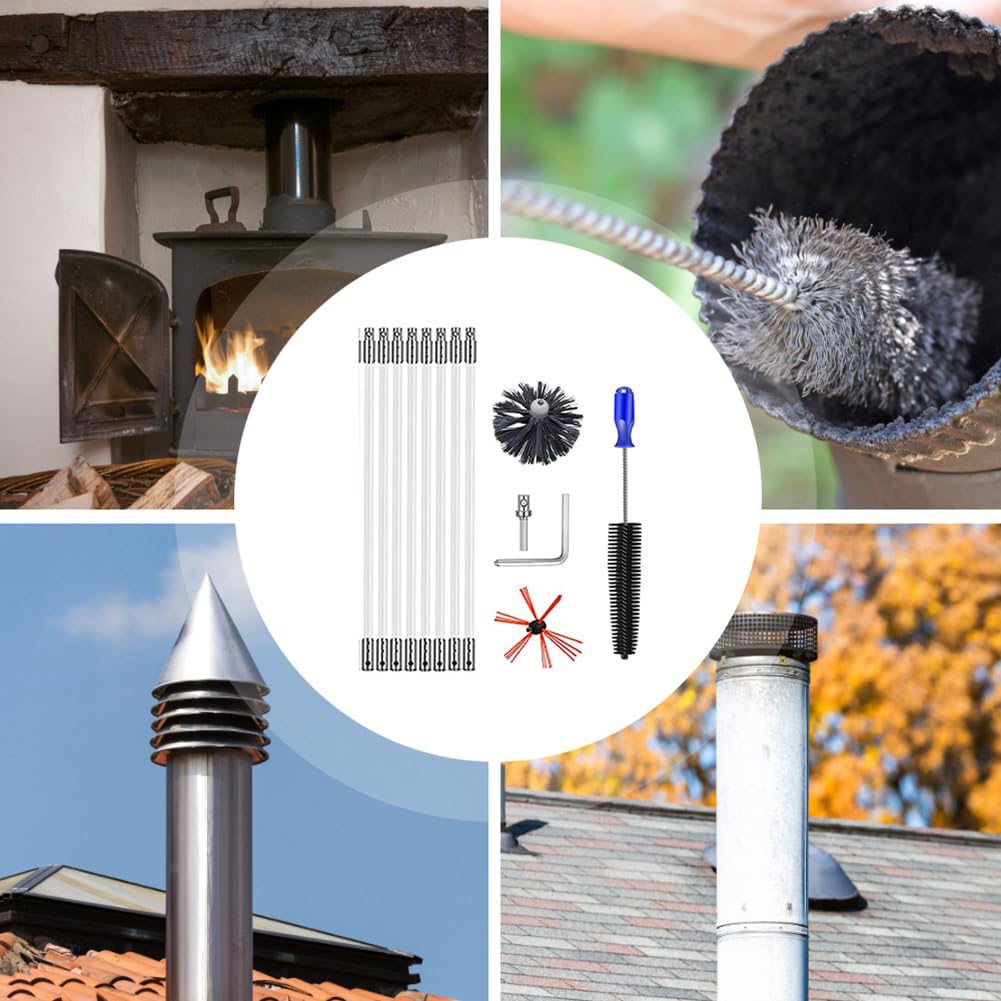 Juego de cepillos deshollinadores – Limpieza con Varillas – Limpiador de | chimenea con cabezal de repuesto y adaptador para revestimiento