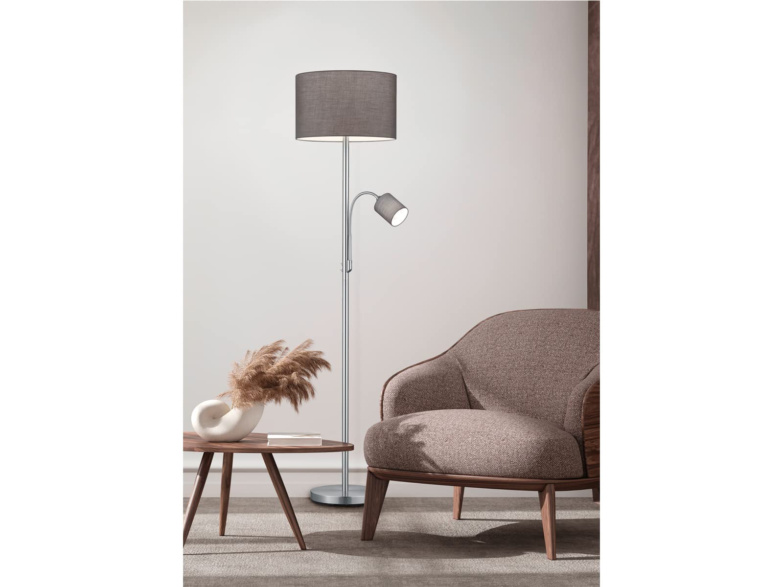 Trio Leuchten Stehleuchte Hotel 403900211, Metall Nickel matt, Stoffschirm Grau, exkl. 1x E27 + 1x E14, 60 watt