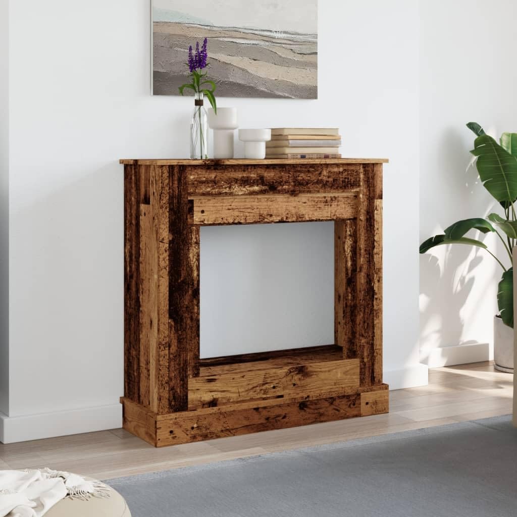 Cornice per Camino, Design Rustico con Ripiano Funzionale 90x30x90 cm in Truciolato Legno Antico, Cornice Esterna 84x28,5x78,5 cm e Interna 57x25,5x48,5 cm, Supporto per Fiamma LED per Soggiorno