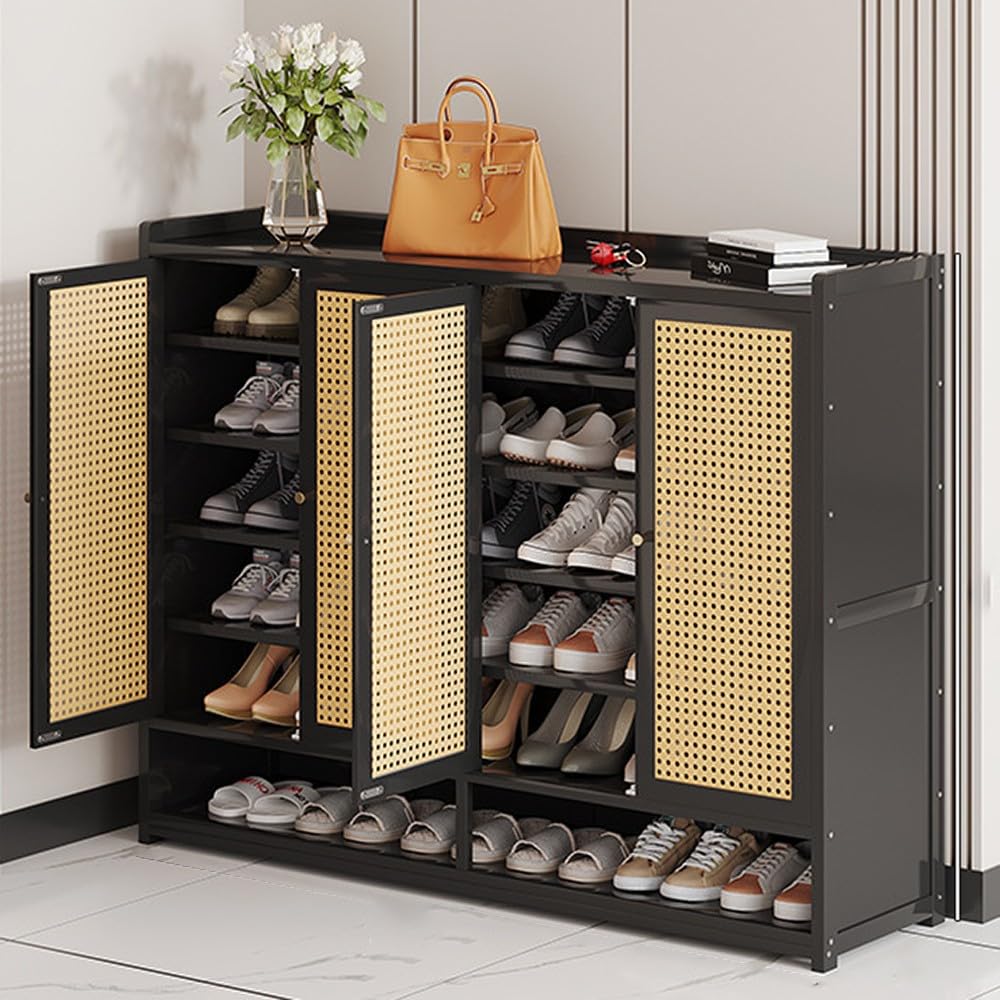 BHGFYXBS Bamboo Rattan Shoe Cabinet With Doors Rustic Oak Sideboard Sto Adjustable Shelves Entryway For Hallway & Home Decor,Black-120 * 32 * 94 Cm,Black-120 * 32 * 94 cm