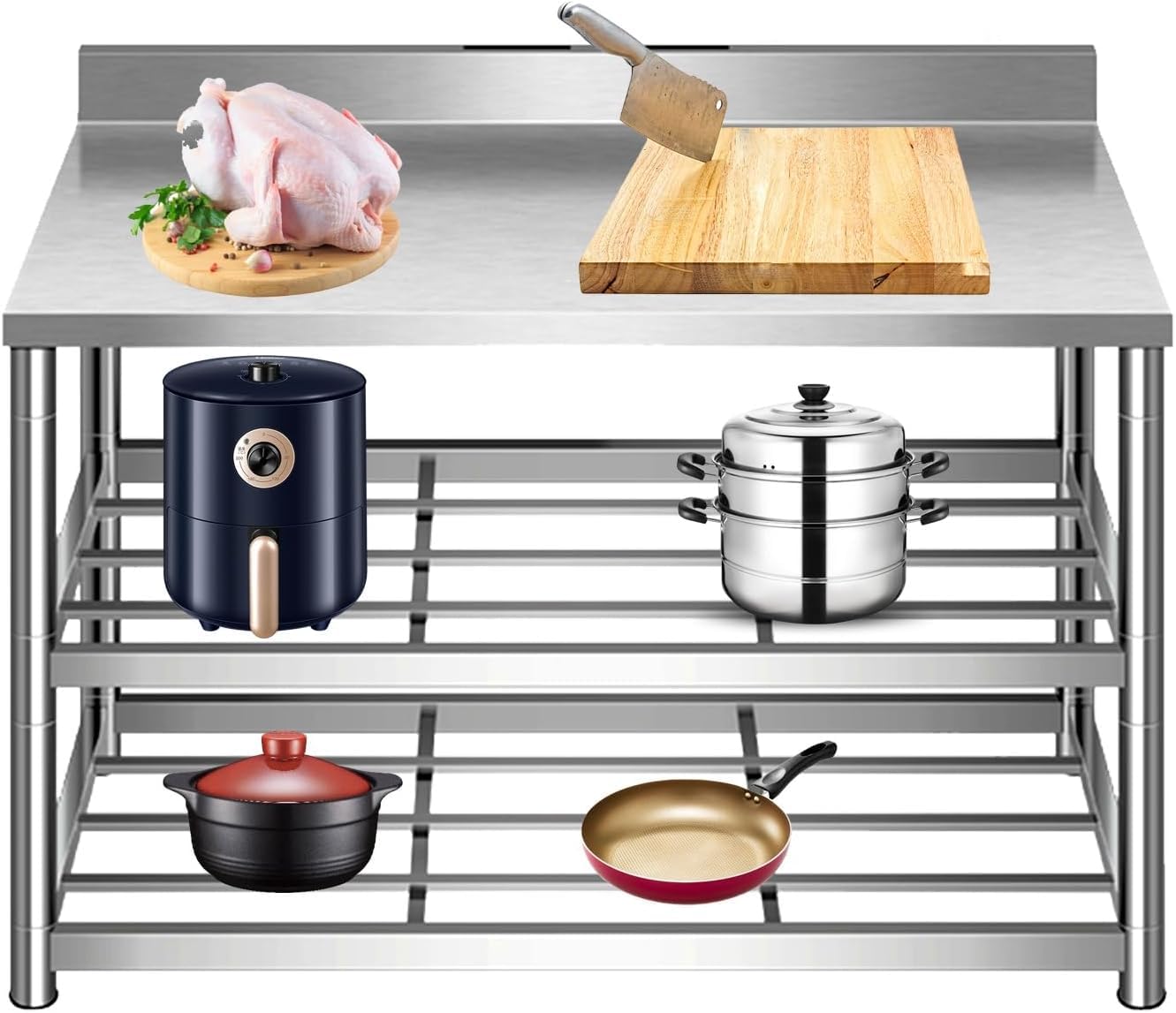 Mesa de trabajo de acero inoxidable, mesa de preparación resistente para cocina, restaurante y uso doméstico, banco de trabajo de cocina duradero para preparación de alimentos, superficie fácil de