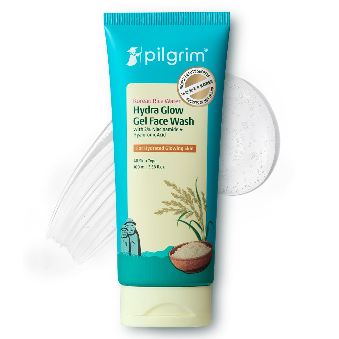 Pilgrim Korean Rice Water Hydra Glow Face Wash with 2% Niacinamide - 100ml | with Niacinamide & Hyaluronic Acid, Hydrating Cleanser, Boosts Glow, Gently Cleanses, Leaves Skin Soft & Fresh, All Skin Type