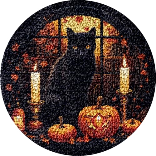 Image of Black Cat Halloween Latch Hook Kits Rug Pre-Printed Round Shape DIY Crochet Yarn Embroidery Needlework Hook and Latch Kit Carpet Cushion Home Christmas Decoration 50x50cm(3)