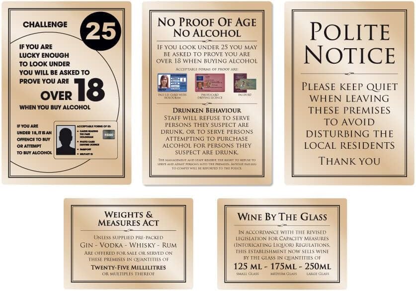 Essential Bar Licensing Sign Pack EMGLPK Pack 5 Pcs 25ml Pub Restaurant Catering Gold, 3x A4, 2x A5