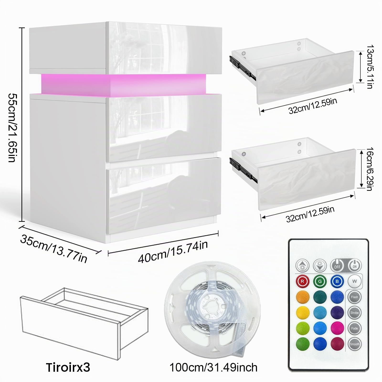 Table de Chevet LED, Table d'Appoint, Table de Nuit LED, Chevet de Lit avec 3 Tiroirs, 16 Couleurs LED RVB, Meuble de Rangement Compacte pour Salon, Chambre, Bureau, Moderne, Blanc