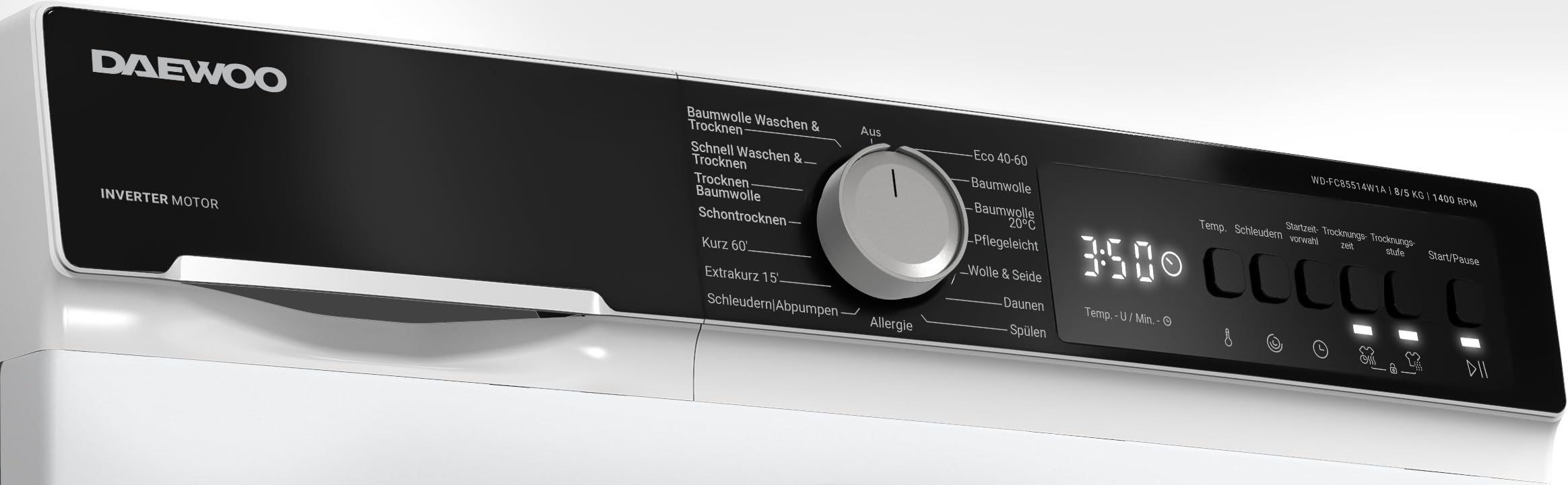Daewoo WD-FC85514W1A-DE Waschtrockner, 8 kg Waschen, 5 kg Trocknen, 1400 U/min, Energieeffizienzklasse A, Inverter Motor, AquaStop, Weiß