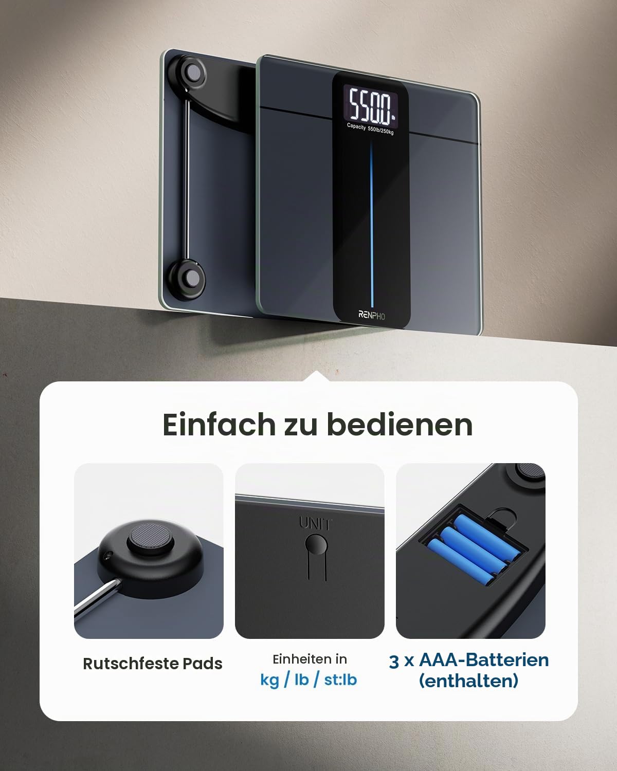 RENPHO Personenwaage Digital Testsieger 2026 – Personenwaage bis 250 kg, extra große Plattform 33 x 30 cm, extrem hohe Tragkraft, große LED-Anzeige, höchste Genauigkeit 50 g, Körperwaage Core 1L