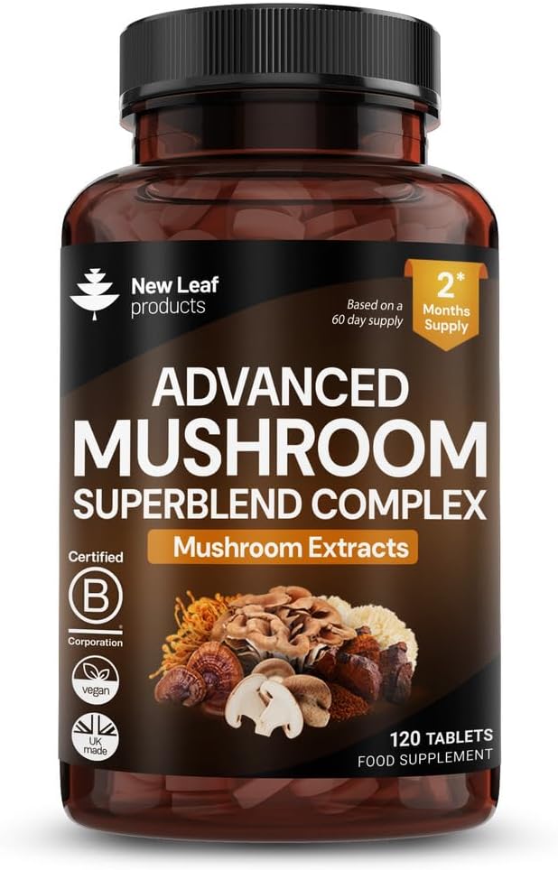 Mushroom Complex - Lions Mane + Cordyceps Chaga Reishi Shiitak,Maitake Mushroomss Blend - High Potency Supplement - Made in The UK - 120 Tablets