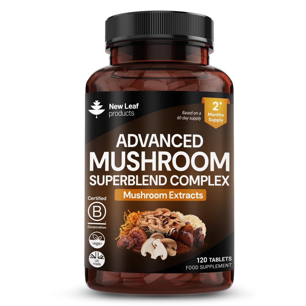 Mushroom Complex - Lions Mane + Cordyceps Chaga Reishi Shiitak,Maitake Mushroomss Blend - High Potency Supplement - Made in The UK - 120 Tablets