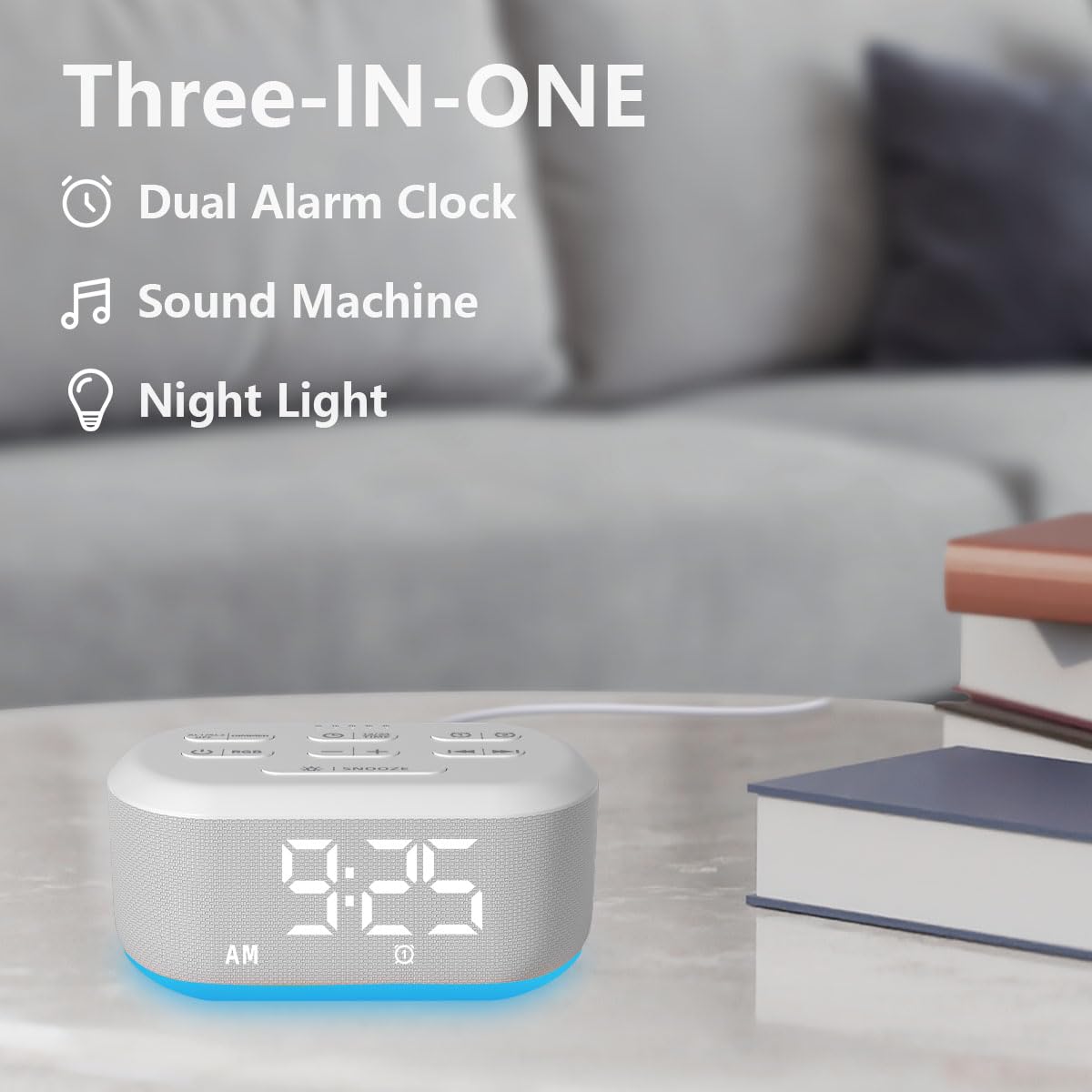 LazyNight 3 in 1 Alarm Clock Sound Machine Nightlight for Bedroom Plug in Digital Clock with 30 Wake up Sounds Lound Alarm Clock for Heavy Sleepers Snooze for Kids Adult 32 Adjustable Volume