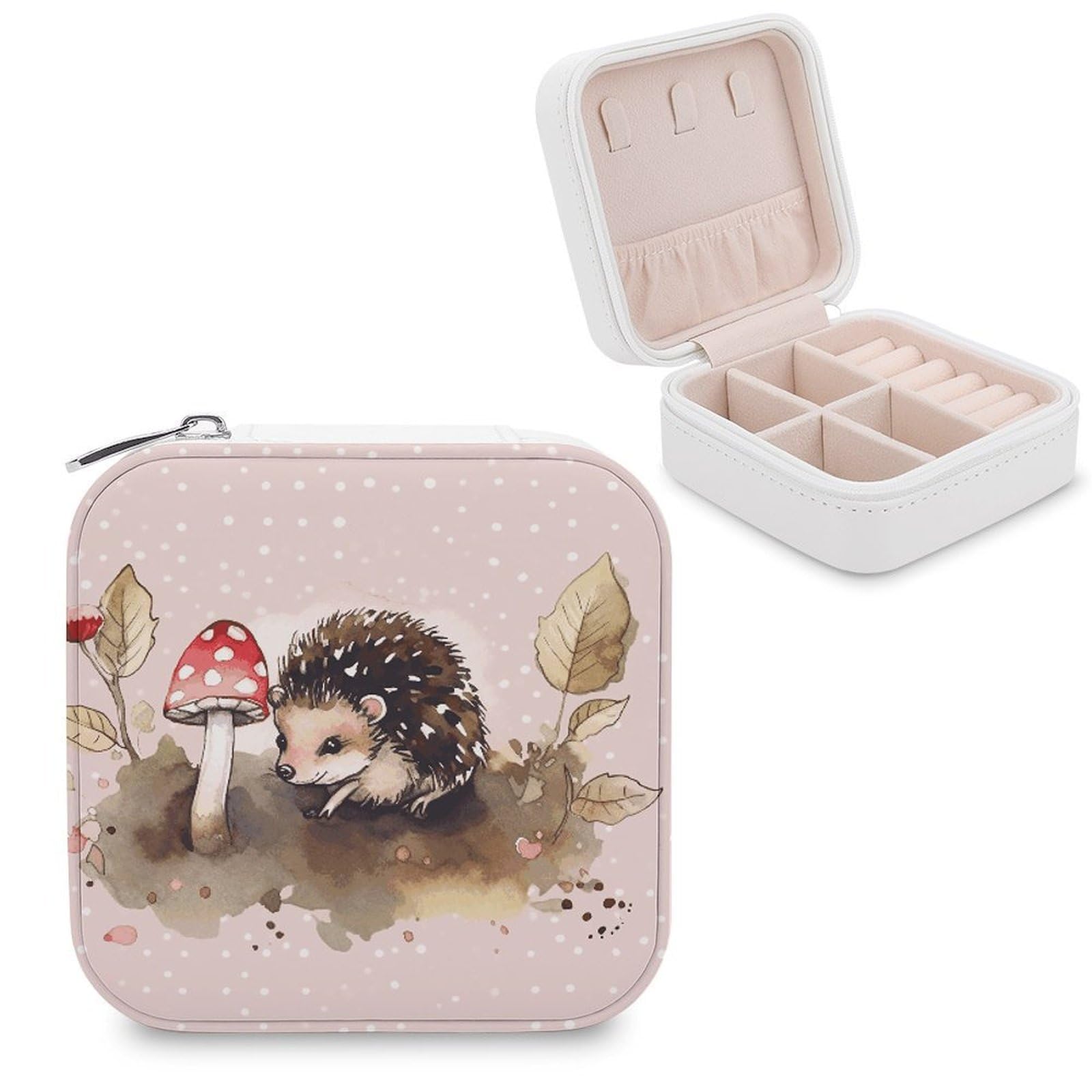 JTREHY Hedgehog Watercolor Painting Jewelry Box Personalized PU Jewelry Box Exquisite Jewelrys Organizer Case Small Portable Jewellery Storage Holder for Rings Earrings Necklaces Gifts