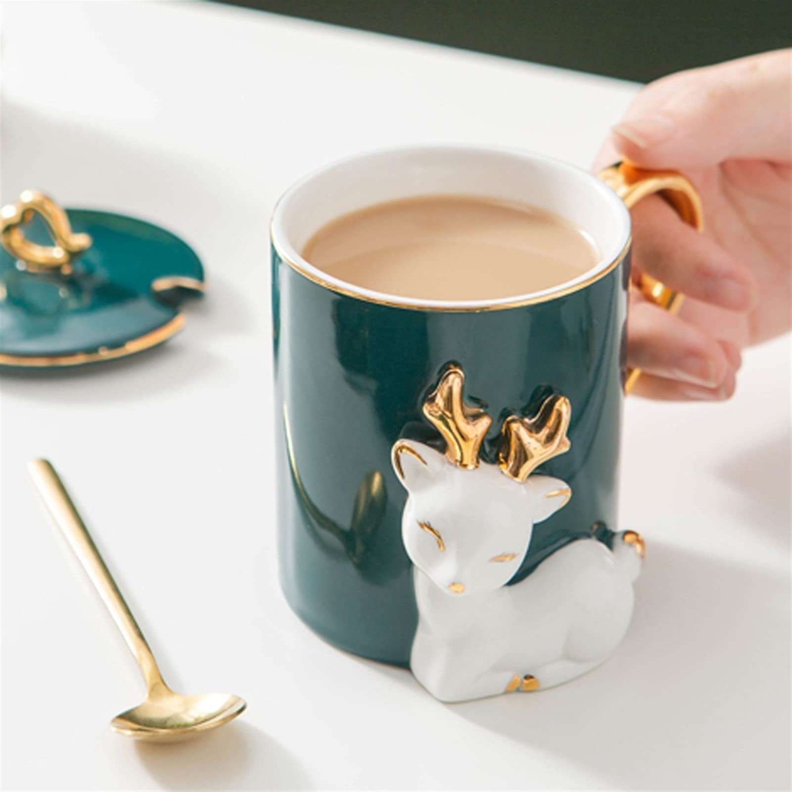 Zestawy filiżanek i spodków Sweet Pocałunek Jeleń Kawa Para Handmade Funny Embossed Animal Ceramic Cup Para Herbata Cup jest idealnym prezentem ślubnym dla panny młodej i pana młodego Zestaw kubków