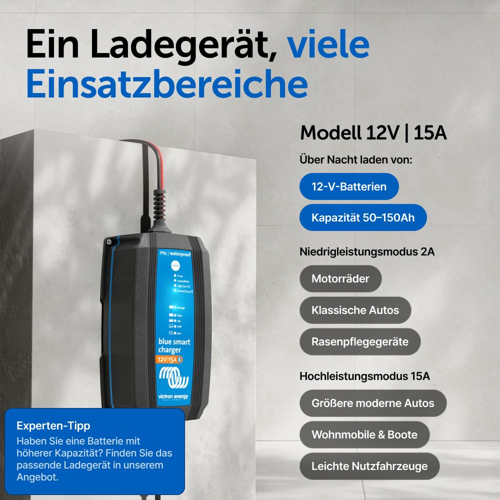 Victron Energy Blue Smart Batterie Ladegerät 12-Volt 15 Ampere 230V - Autobatterie Ladegerät - Batterieerhaltungsgerät und Desulfator - IP65 Geschützt - Bluetooth - CEE 7/17