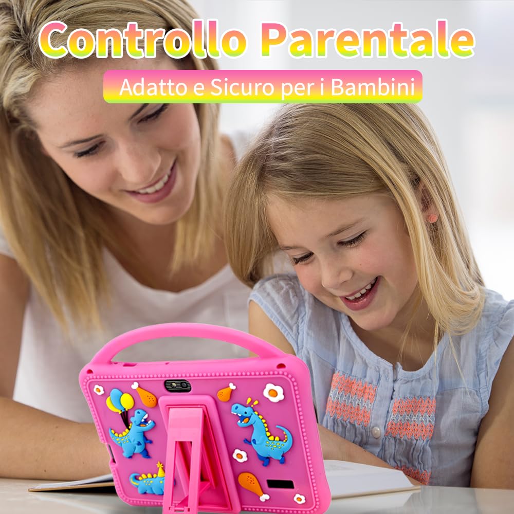 Veidoo Tablet 7" Bambini, 2 GB RAM, 32 GB ROM, App iWawa, Controllo Genitori, Schermo Protezione Oculare, Giochi Educativi, WiFi, Doppia Camera, Custodia Silicone (Rosa)