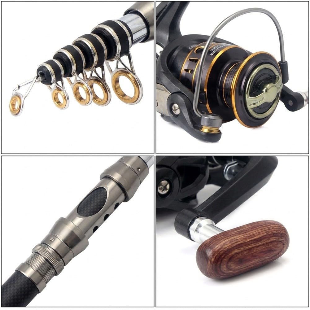 Set da pesca con canna in fibra di carbonio, mulinello (rapporto 5.2:1), valigetta e lenza, per principianti in acqua dolce e salata (set da pesca da 2,4 m)
