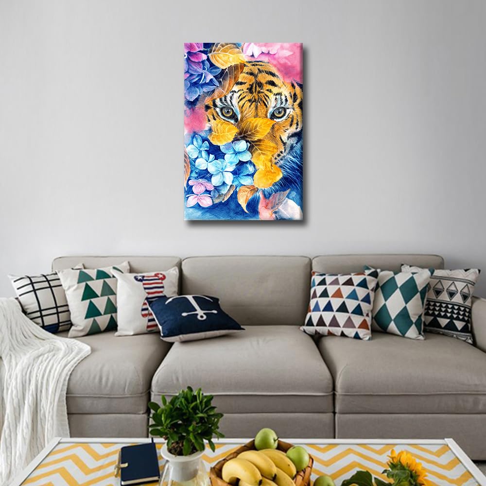 TISHIRON Tiger Canvas Painting Wall Art for Living Room - Tiger Among Flowers Prints Decor - 1 Panel Canvas Frame Artwork Hanging, 60x90cm