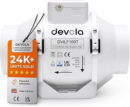 Devola 100mm Inline Mixed Flow Extractor Fan with Timer, 4 Inch Bathroom Fan, For Kitchen, Bathroom and Loft, Made in Britain Timer Model - DVILF100T