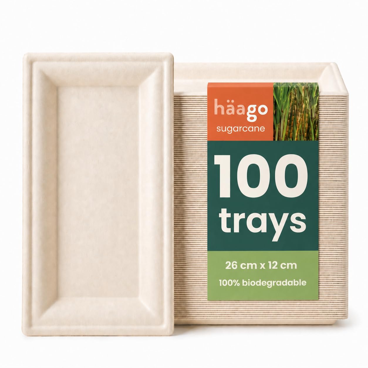Haago Natural 100 Strong Compostable Sugarcane Food Trays (26 X 12 Cm) – Bagasse Rectangular Party Plates - Grease & Leak-Resistant Serving Plates, Disposable Platter For Canapés, Bbq, Buffet & Catering