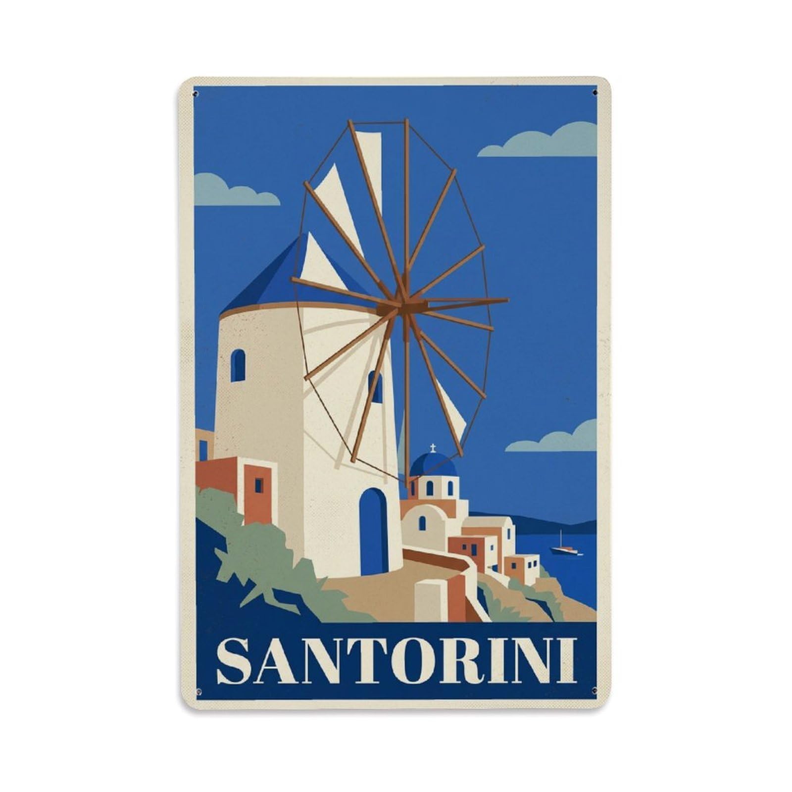 Fyrn Style Metal Tin Sign Vintage Travel Santorini Greece Windmill