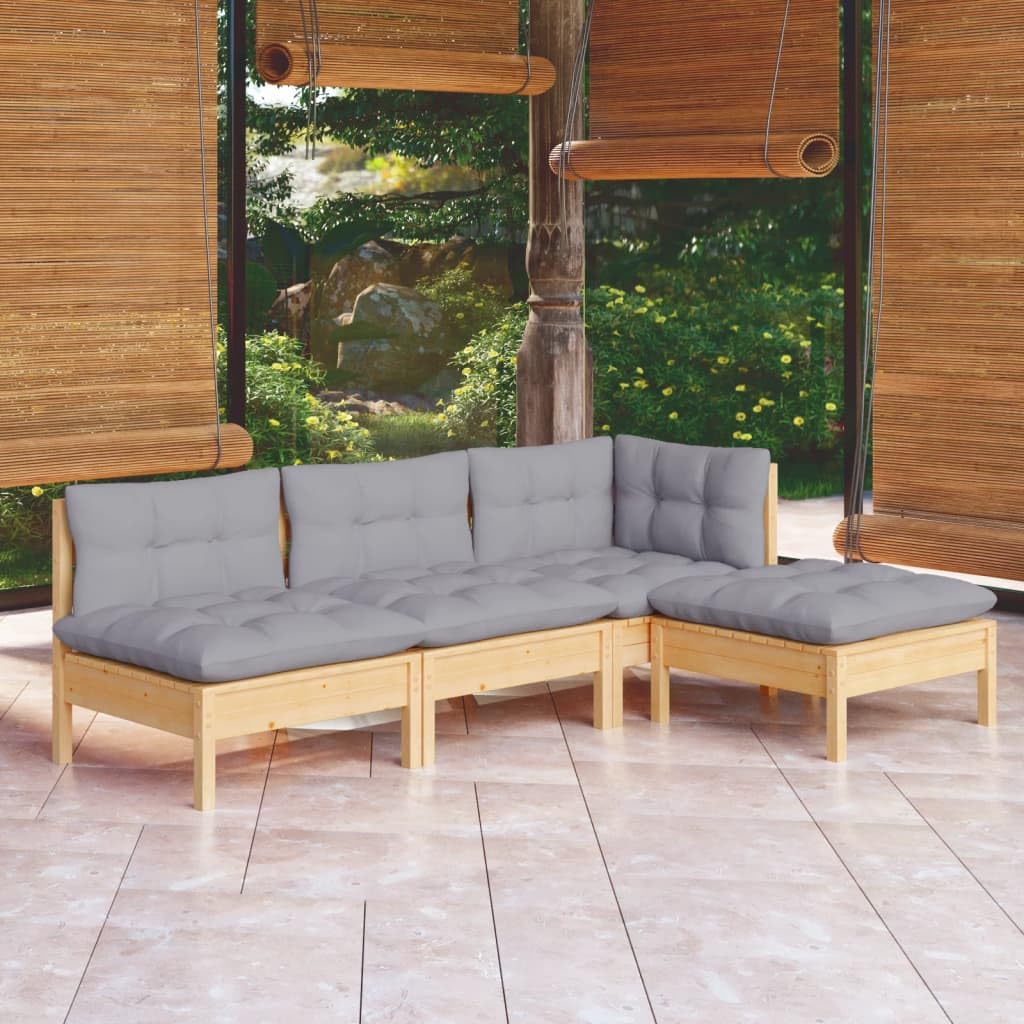 vidaXL Bois de Pin Massif Salon de Jardin 4 pcs avec Coussins Mobilier de Patio Meubles d'Extérieur Mobilier de Jardin Meubles de Terrasse Gris
