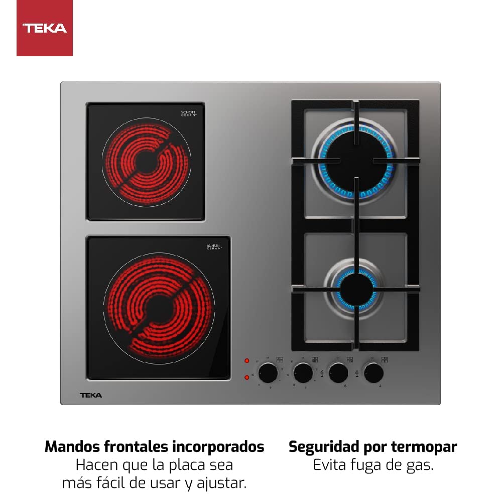 Teka EFX 60.1 2G 2H AI AL - Placa Mixta 4 Zonas de Cocción (2 Fuegos de Gas Butano y 2 Fuegos Vitrocerámica), Mandos Frontales, Inyectores para Gas Natural Incluidos, Color Acero Inoxidable