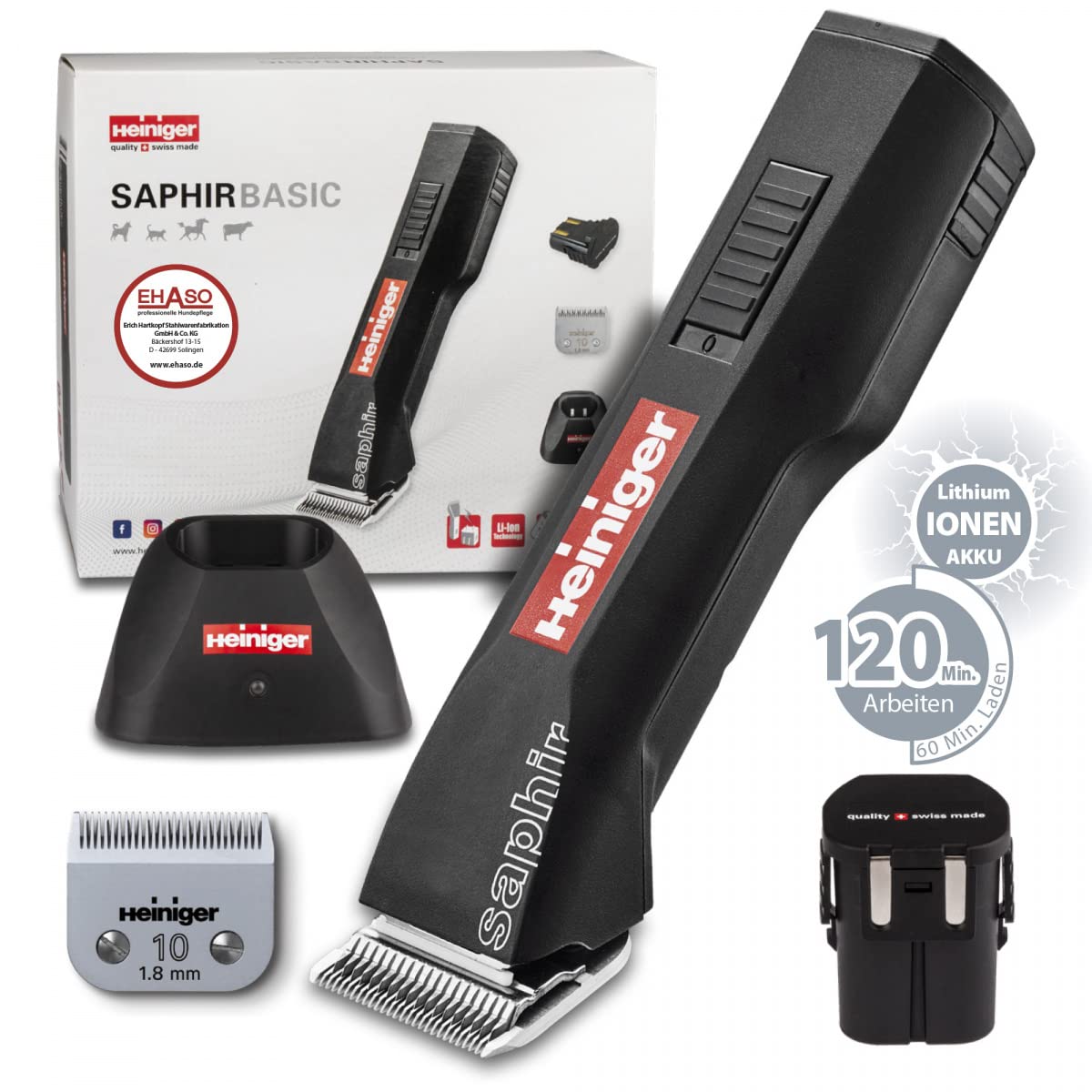 EHASO HEINIGER Profi Hundeschermaschine Set Saphir Akku-Schermaschine mit Scherkopf Size 10+ neunteiligem Aufsteckkammset + Hundenapf (Schwarz)