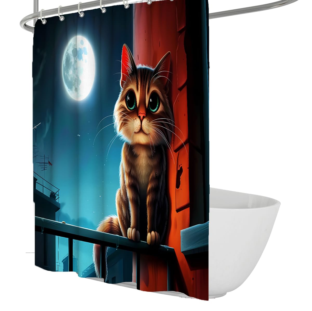 UERWOWELL Funny Balcony Cat Shower Curtain Night City Art Bathroom Decor Curtains Waterproof Washable Fabric Fantasy Animal Moon Screen Bath Curtain W150xL180 cm