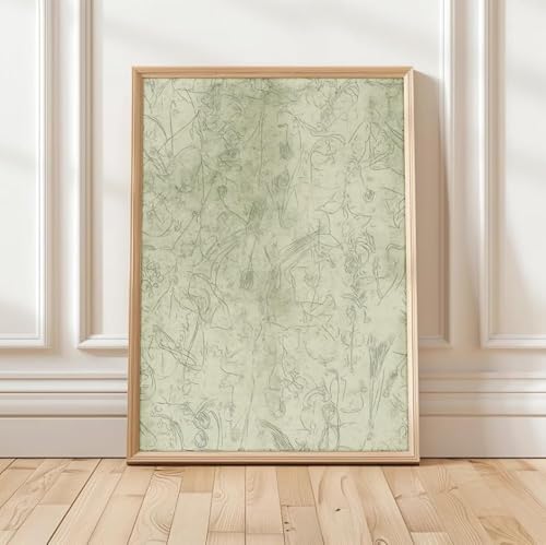 Qcdxfgdfh Unframed Sage Vintage Botanical Line Wall Print, Muted Pale Green Neutral Vertical Canvas For Window Decor(70X100cm/Frameless)