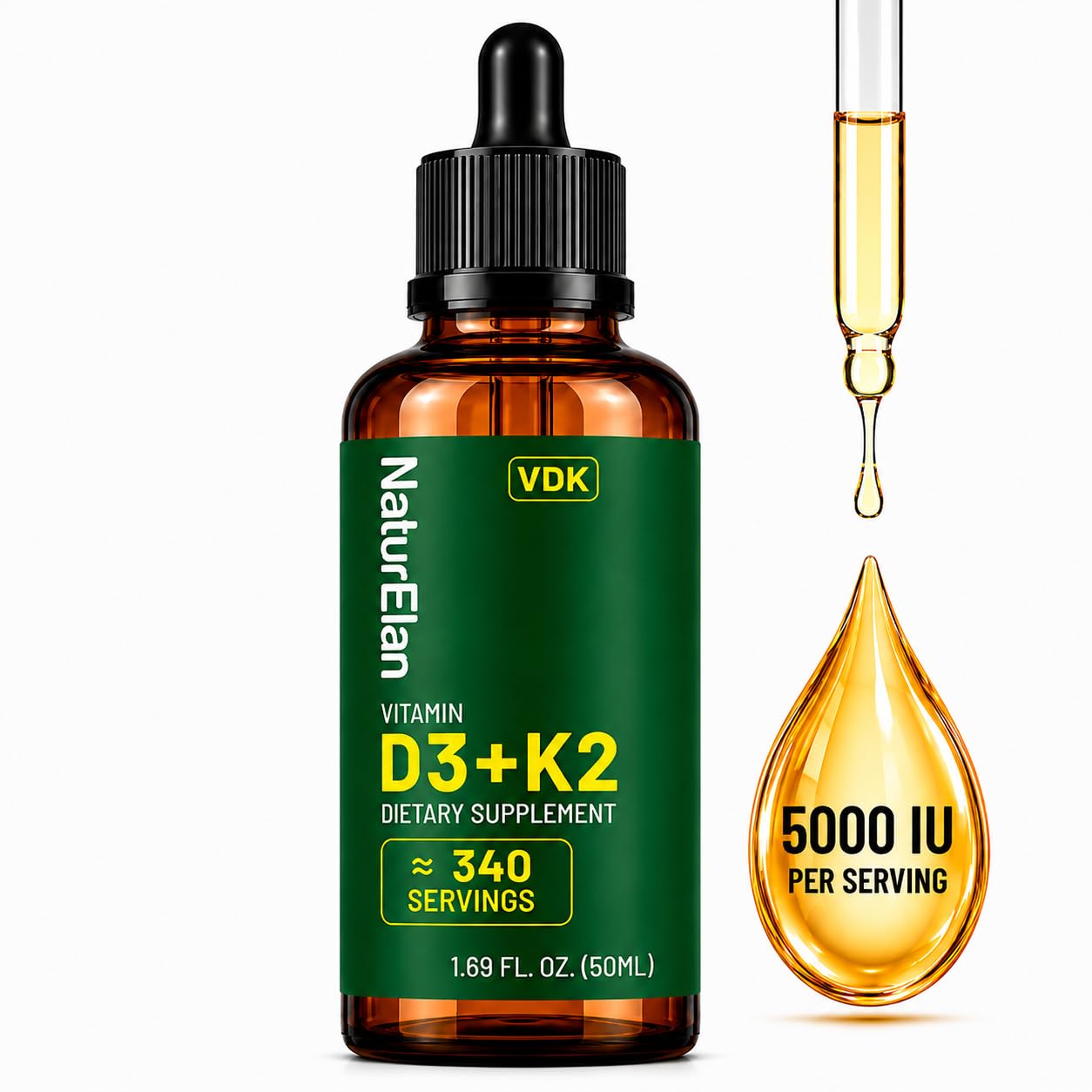 Vitamin D3 5000 IU &amp; K2 Drops with MCT Oil 5000IU D3 + 100 Mcg K2(MK-7) | 1.69 Fl Oz, Supports Bone, Immune, Heart &amp; Teeth Health, Third-Party Tested, Vegan, Non-GMO, Gluten Free
