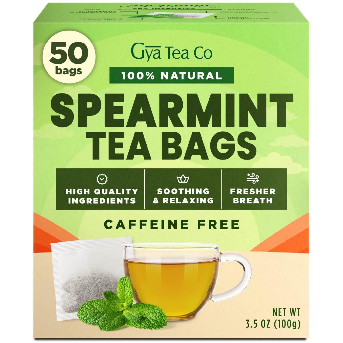 Gya Tea Co Spearmint Tea Bag (50 Bags) - Decaf Herbal Tea Packets Rich in Mellow Flavor - Kickstart the Day with Calming & Relaxing - Get Well Gifts Fruit & Herbal Blends