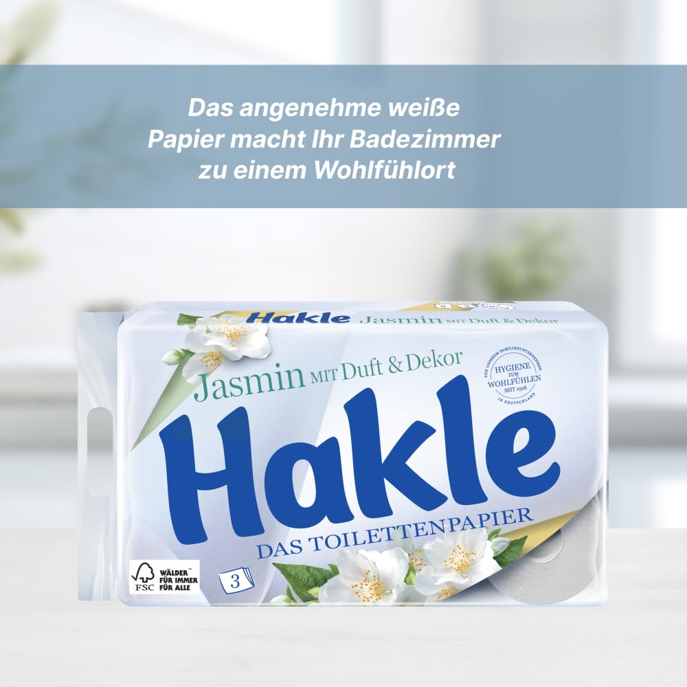 Hakle Toilettenpapier mit Jasminduft & Dekor - 72 Rollen, 3-lagiges Klopapier, 150 Blatt pro Rolle, WC Papier mit 60% recycelte Verpackung, FSC-zertifiziert