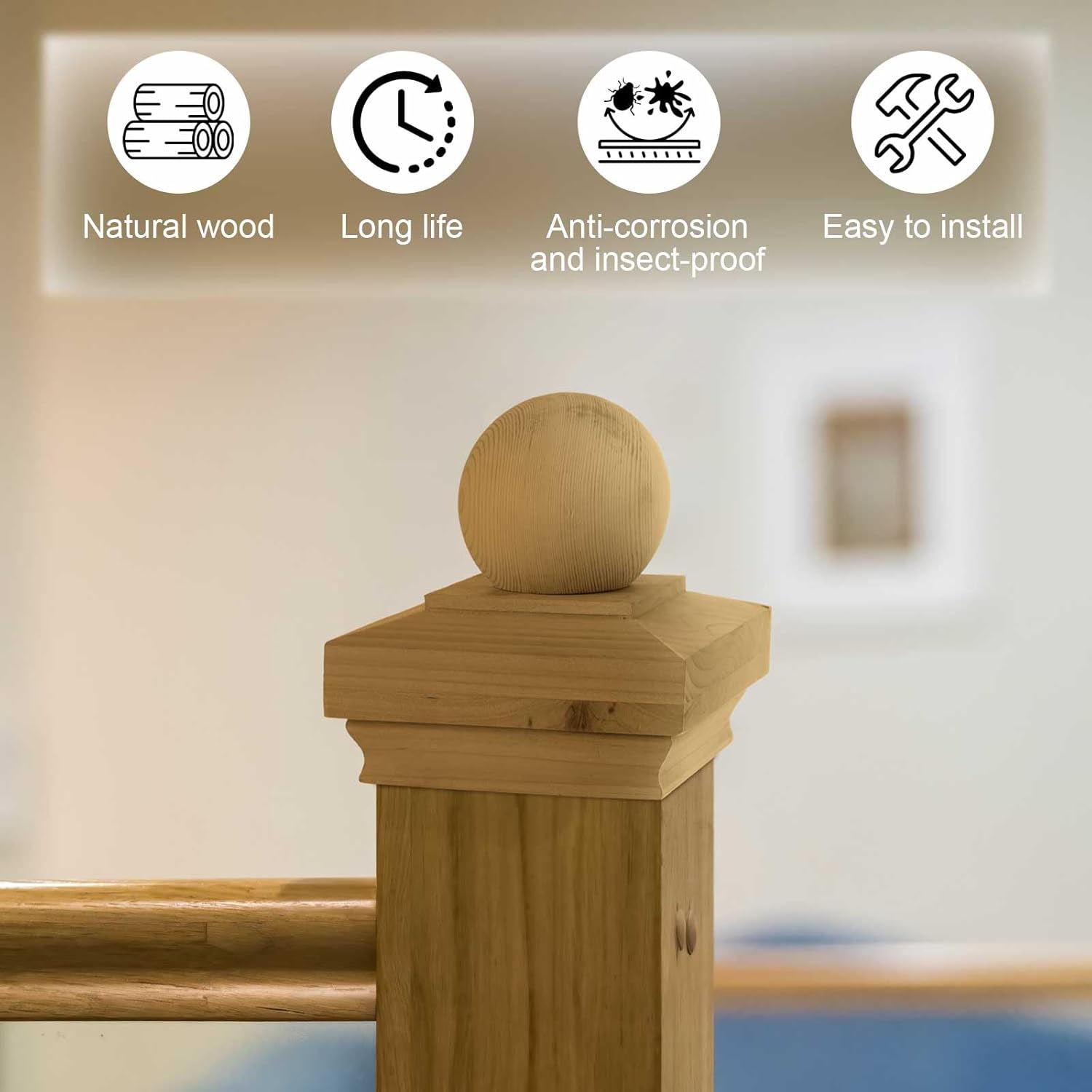 Hosuly 2 Pcs 4x4" (Actual 3 x 5/8) Fence Wood Post Cap Cedar Ball Finial Newel Post Caps for Outdoor Wooden Fences Garden Mailboxes Decks (Classic Style)