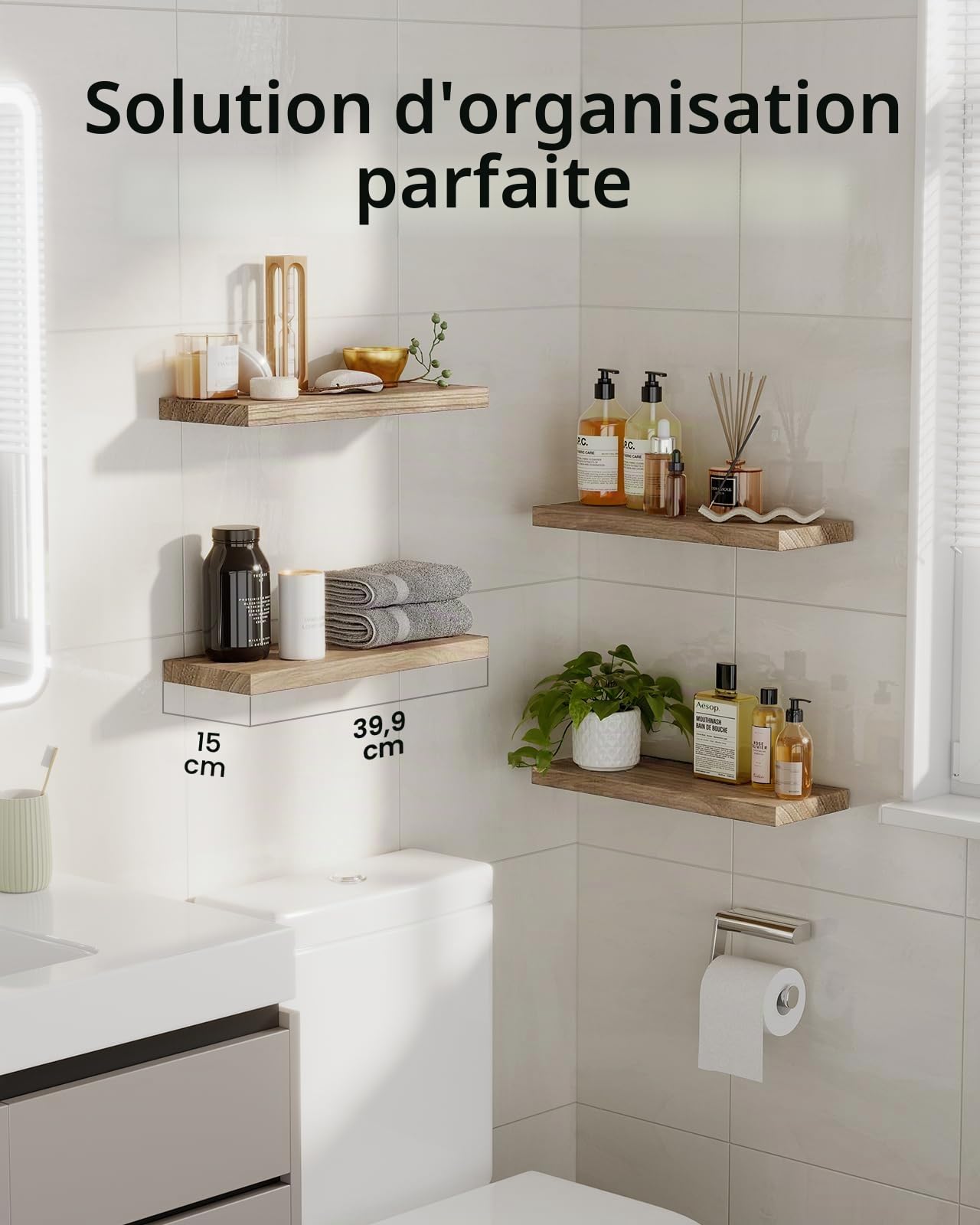 Pipishell Étagères Murales, Etagere Murale de 40 cm, étagères murales en Bois de Paulownia, Ensemble de 4 étagères en Bois pour Salle de Bain, Chambre, Bureau, Salon, Cuisine, etc. (Brun Clair)